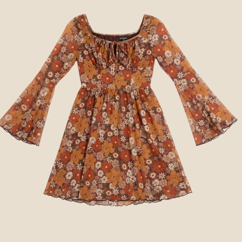 SHEIN‎ Retro Floral Mesh Milkmaid Mini Dress Brown Orange Bell Sleeve XS 2